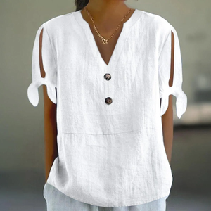 Zoruli White Plain Striped Print Split Sleeve Top