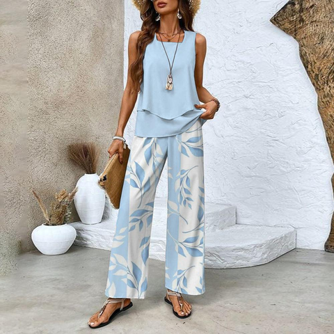 Zoruli Blue Plant Print Square Neck Two Piece Set
