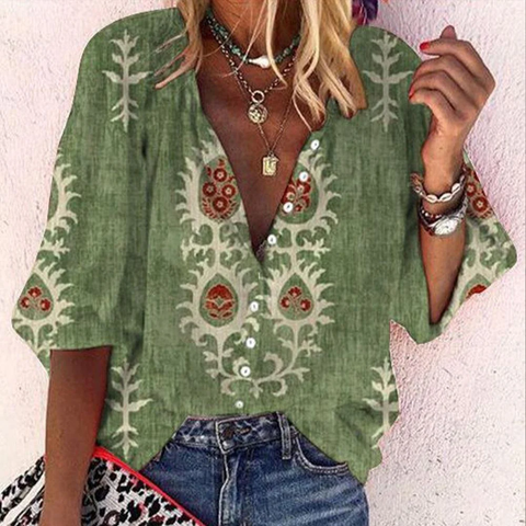 Zoruli Boho Green Plunging V-Neck Blouse