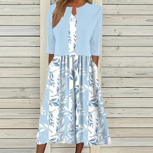 Zoruli Unique Blue Plant Print Midi Dress With Jacket