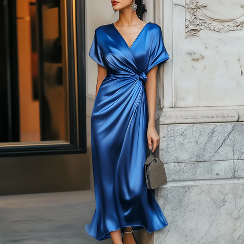 Zoruli Unique V-Neck Plain Short Sleeve Midi Dress