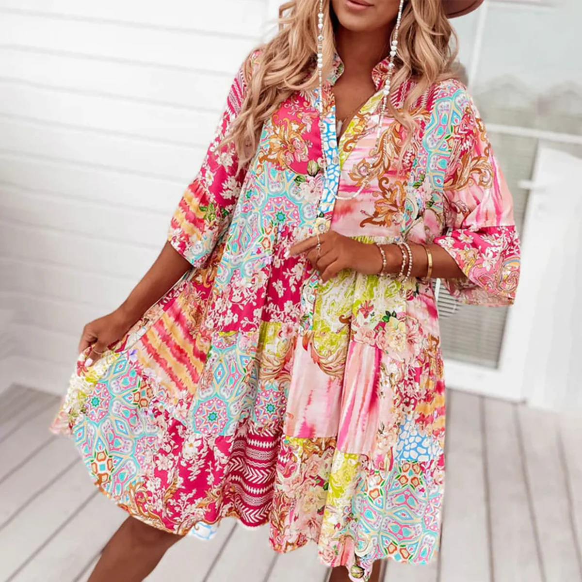 Zoruli Sweet Pink 3/4 Sleeve Mini Dress