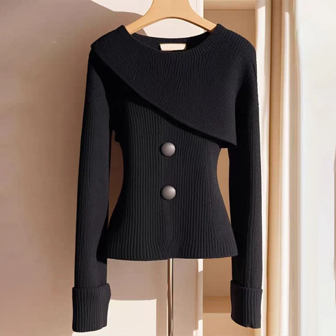 Zoruli Black Plain Round Neck Long Sleeve Sweater