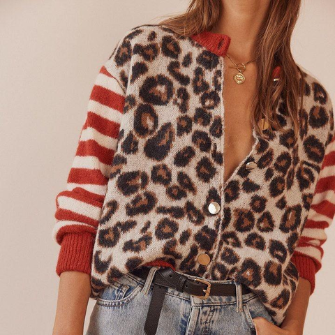 Zoruli Unique Leopard Collarless Long Sleeve Cardigan