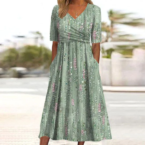 Zoruli Green Plant Print Side Pocket Midi Dress