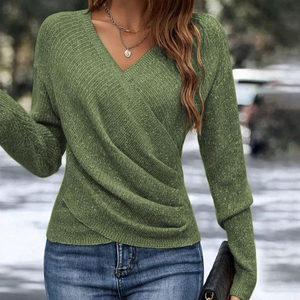 Zoruli Green Plain V-Neck Long Sleeve Sweater