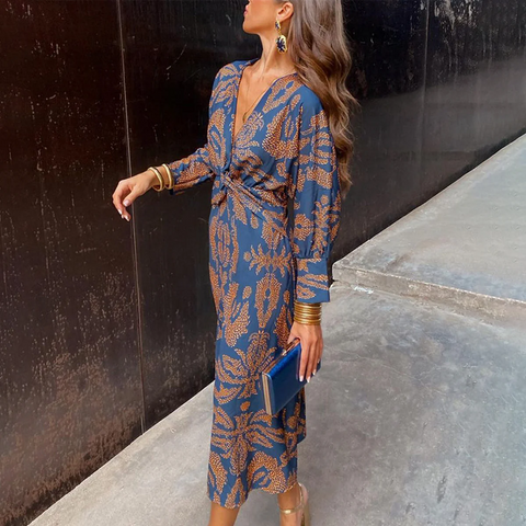 Zoruli Groovy Blue Long Sleeve Midi Dress