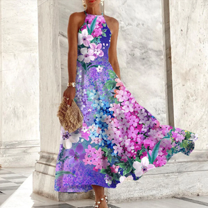 Zoruli Popular Purple Floral Print Sleeveless Maxi Dress