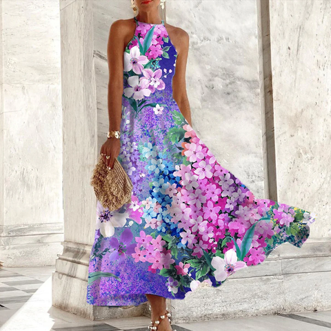 Zoruli Popular Purple Floral Print Sleeveless Maxi Dress