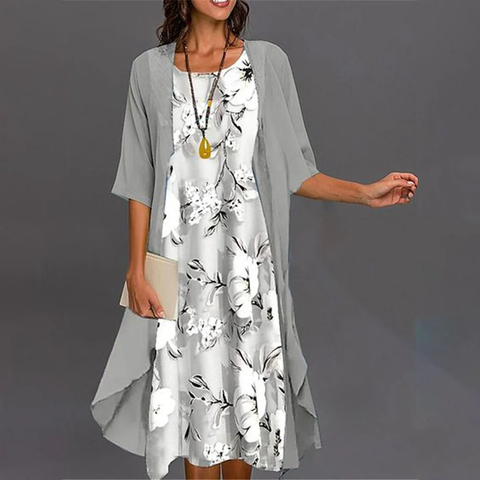 Zoruli Grey Print Midi Dress With Thin Jacket Two Piece Outfits