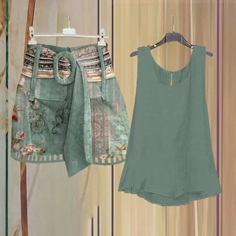 Zoruli Fresh Sleeveless Green Two Piece Set