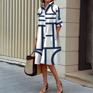 Zoruli Trendy Striped Print Collared Midi Dress