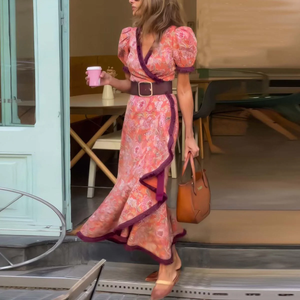 Zoruli Elegant Pink Short Sleeve Maxi Dress