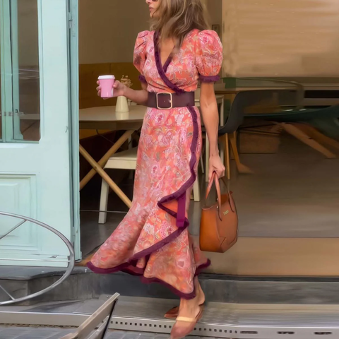 Zoruli Elegant Pink Short Sleeve Maxi Dress