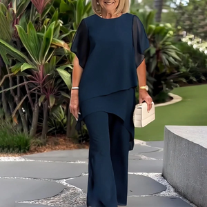 Zoruli Navy Plain Round Neck Short Sleeve Two Piece Set