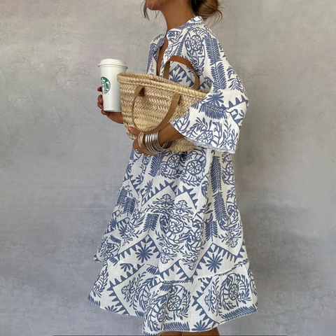 Zoruli Blue V-Neck 3/4 Sleeve Mini Dress