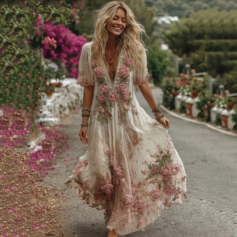 Zoruli Women's Vintage Pink Rose Floral Embroidery Art Comfy Linen Maxi Dress