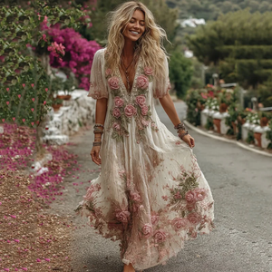 Zoruli Women's Vintage Pink Rose Floral Embroidery Art Comfy Linen Maxi Dress