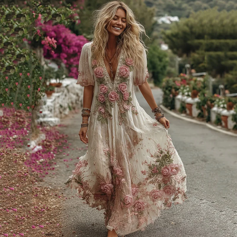 Zoruli Women's Vintage Pink Rose Floral Embroidery Art Comfy Linen Maxi Dress