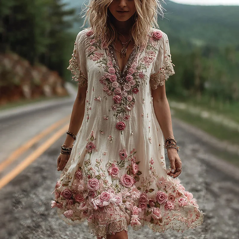 Zoruli Vintage Floral Embroidery Short-sleeved Dress