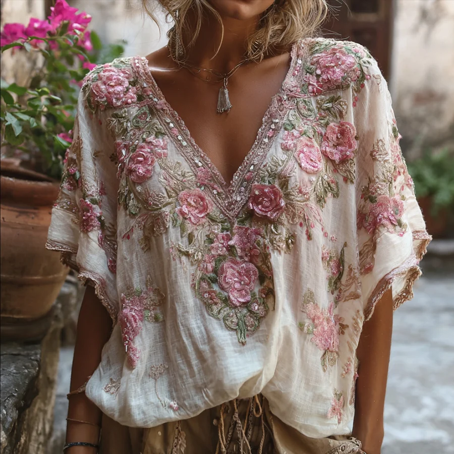 Zoruli Bohemian-style Pink Floral Embroidery V-neck Short-sleeved Shirt