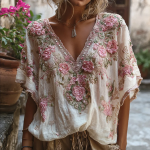 Zoruli Bohemian-style Pink Floral Embroidery V-neck Short-sleeved Shirt