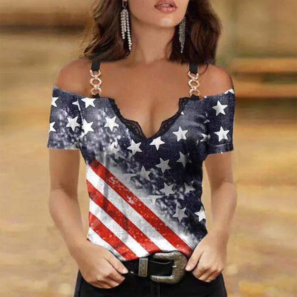 Zoruli American Flag Chain Strap Cold Shoulder Top