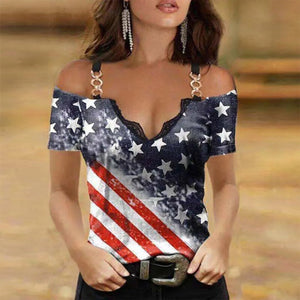 Zoruli American Flag Chain Strap Cold Shoulder Top
