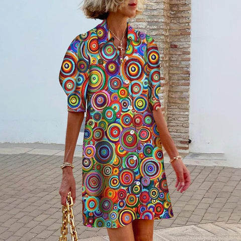 Zoruli Abstract Short Sleeve Collared Mini Dress