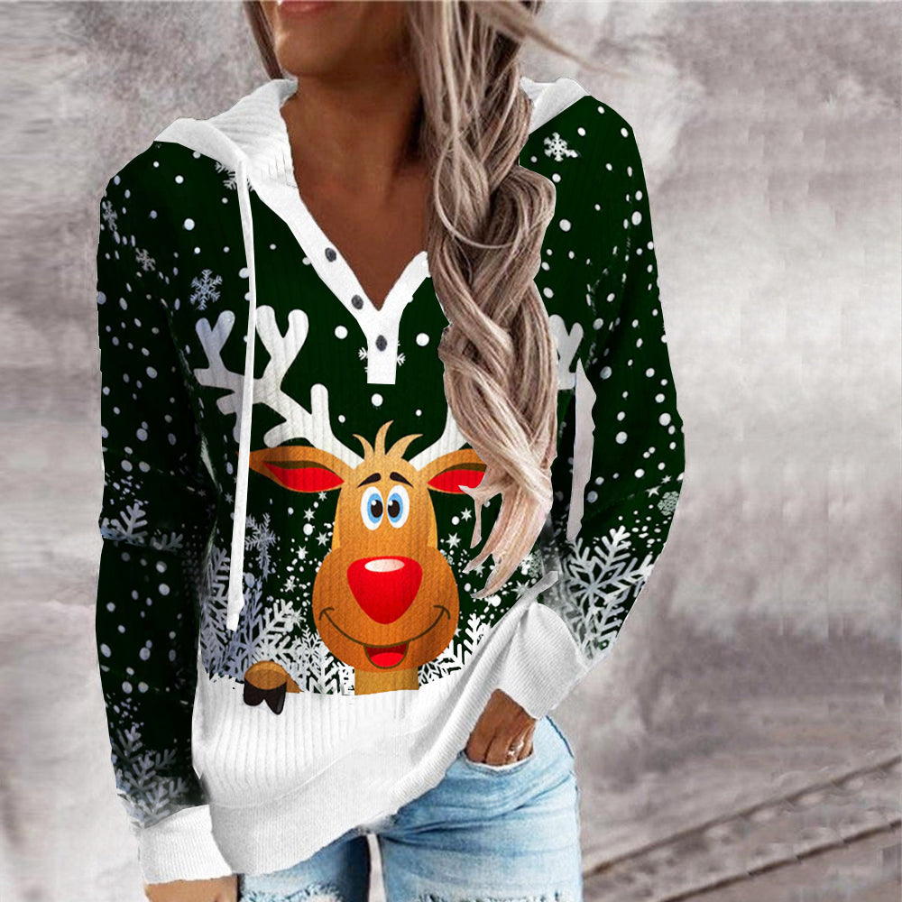 Zoruli Adorable Reindeer Forest Green Long Sleeve Hoodie