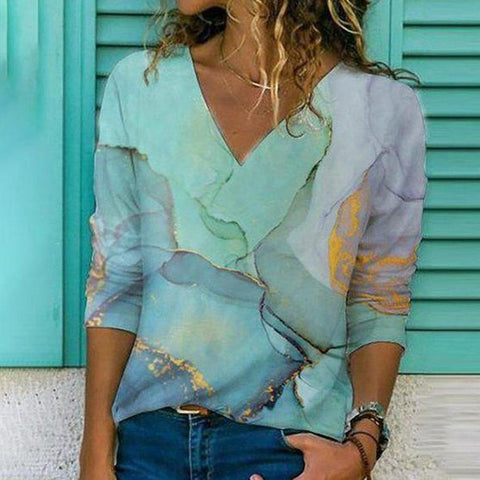 Zoruli Abstract Marble Print Long-Sleeve Top