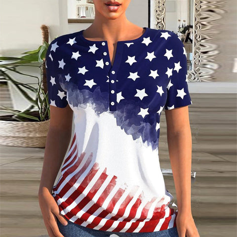 Zoruli American Flag Fourth of July Button Front Henley Shirt