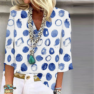 Zoruli Abstract Blue Dot White V-Neck Tunic Top