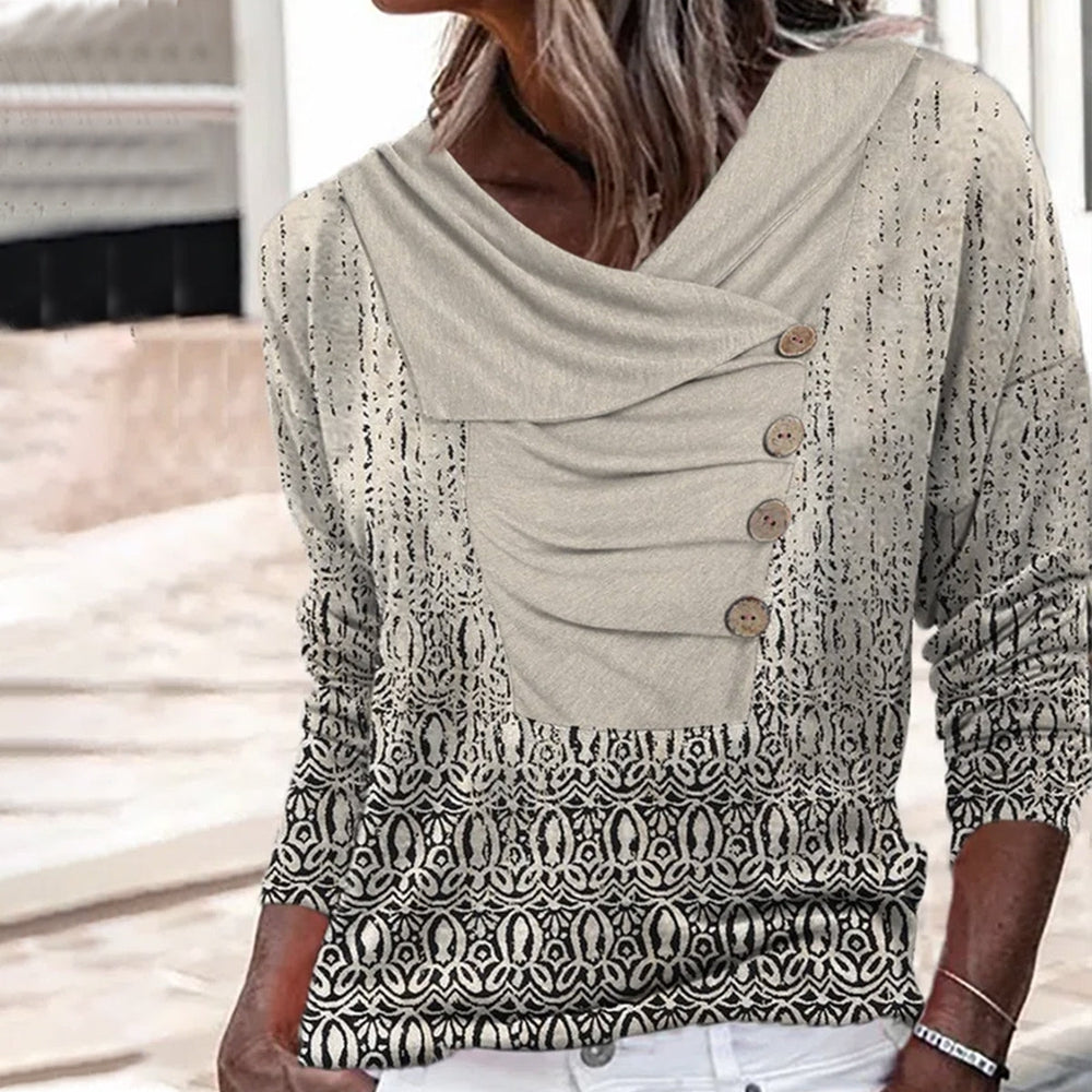 Zoruli Abstract Black and Heather Creme Print Asymmetrical Top