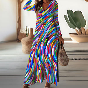 Zoruli Abstract Striped Long Sleeve Midi Dress