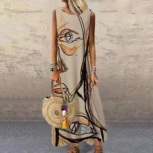 Zoruli Abstract Art Apricot Sleeveless Shift Maxi Dress