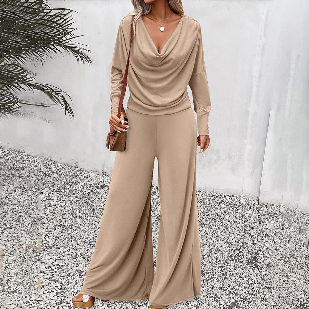 Zoruli Vintage Long Sleeve V-Neck Plain Jumpsuit